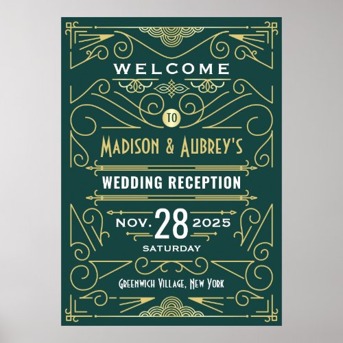 Art Deco Wedding Reception Gold Green Welcome Sign