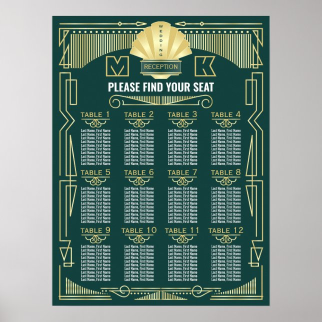Art Deco Wedding Reception Green Seating Chart (Front)
