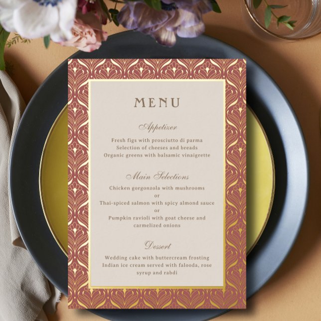 Art Deco Wedding Reception Menu Gold Foil Card (art deco gold foil wedding reception dinner menu cards, indian hindu wedding, sangeet mehndi menu)
