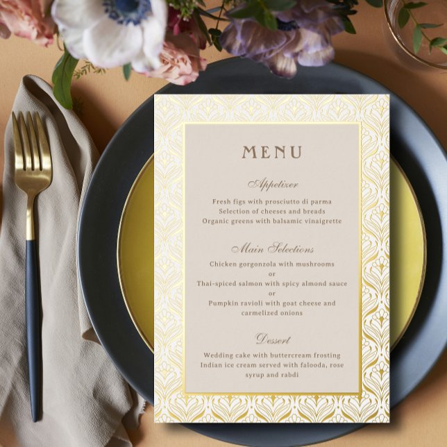 Art Deco Wedding Reception Menu Gold Foil Card (gold art deco wedding reception menu, indian hindu sangeet mehndi party menu card, floral lotus card)