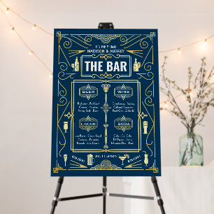 Art Deco Wedding Reception Open Bar Menu Gold Blue Foam Board