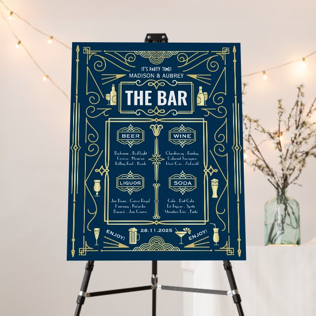 Art Deco Wedding Reception Open Bar Menu Gold Blue Foam Board (In Situ (Stand))