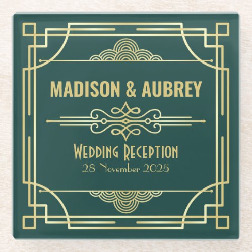 Art Deco Wedding Reception Party Bar Gold Green Glass Coaster