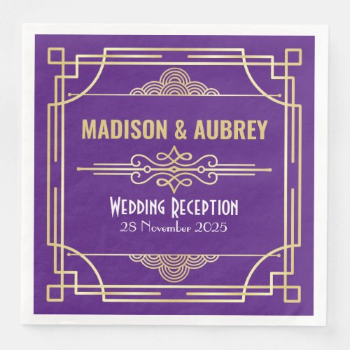 Art Deco Wedding Reception Party Bar Gold Purple Paper Dinner Napkins