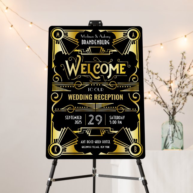 Art Deco Wedding Reception Welcome Gold & Black Foam Board (In Situ (Stand))