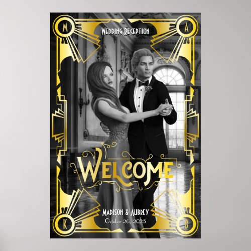 Art Deco Wedding Reception Welcome Gold  Black Poster
