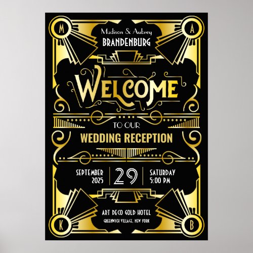 Art Deco Wedding Reception Welcome Gold  Black Poster