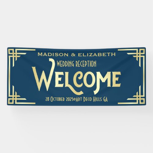 Art Deco Wedding Reception Welcome Gold Dark Blue Banner