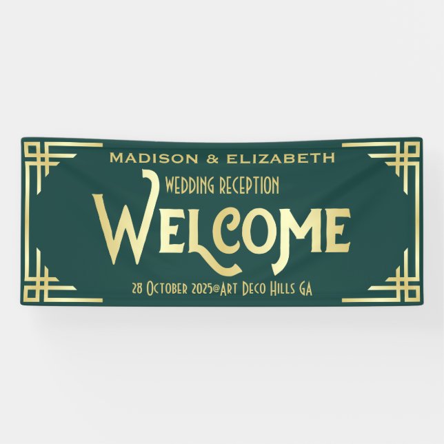 Art Deco Wedding Reception Welcome Gold Green Banner (Horizontal)
