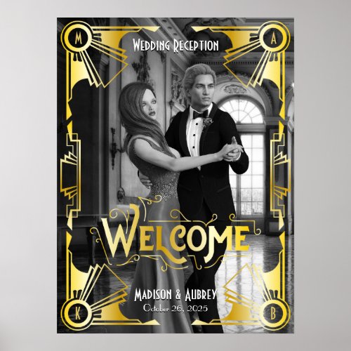 Art Deco Wedding Reception Welcome Gold Photo Poster