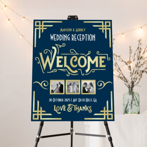 Art Deco Wedding Reception Welcome Photo Blue Gold Foam Board