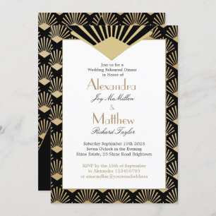 Art Deco Wedding Rehearsal Dinner Black Gold Invitation