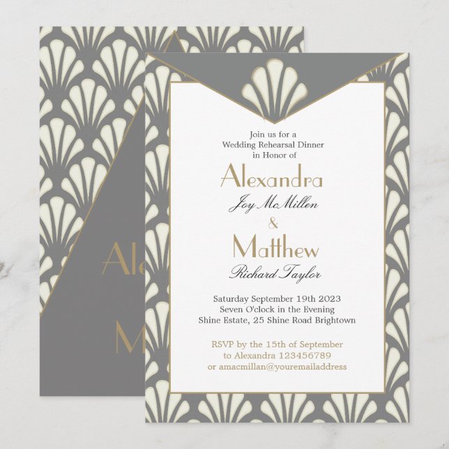 Art Deco Wedding Rehearsal Dinner Grey Vintage Invitation (Front/Back)