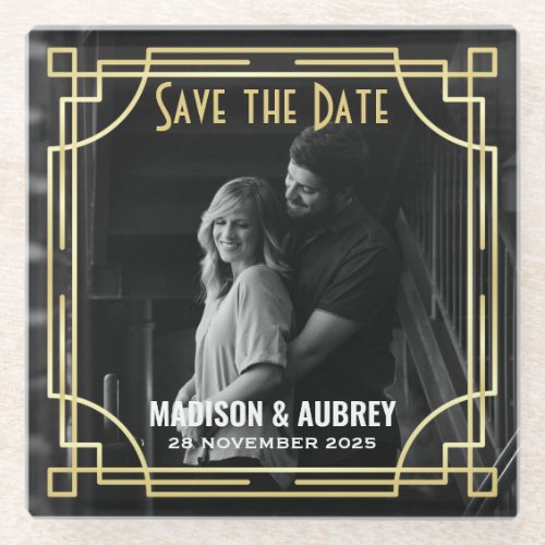 Art Deco Wedding Save the Date Add Your Photo Gold Glass Coaster