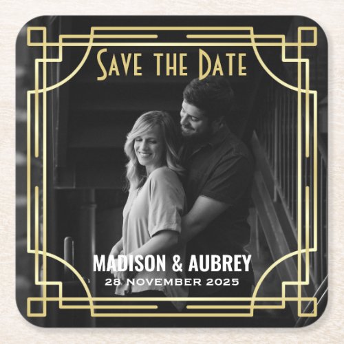 Art Deco Wedding Save the Date Add Your Photo Gold Square Paper Coaster