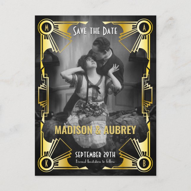 Art Deco Wedding Save the Date Gold & Black Photo Announcement Postcard (Front)
