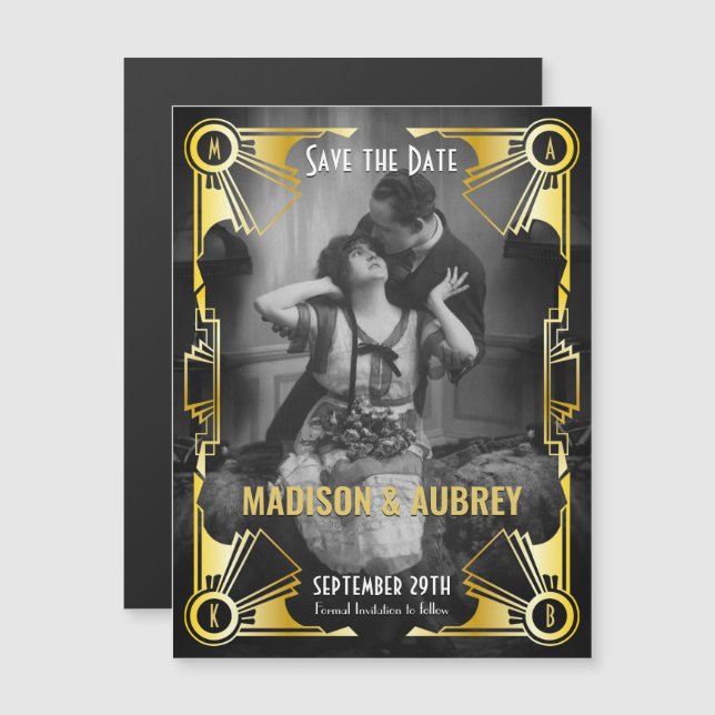 Art Deco Wedding Save the Date Gold & Black Photo Magnetic Invitation (Front/Back)