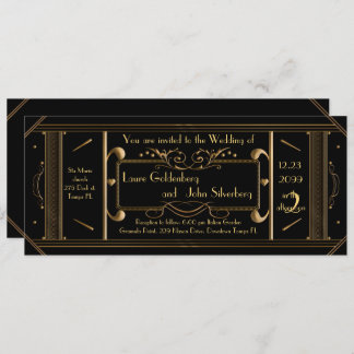 art deco wedding ticket,black, back black invitation