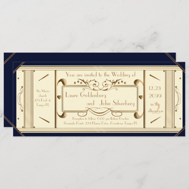 art deco wedding ticket,Ivory, back black Invitation (Front/Back)