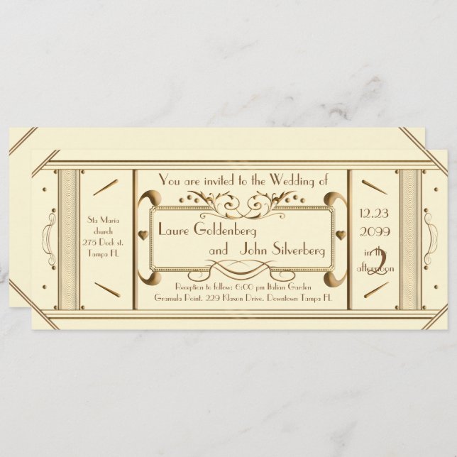 art deco wedding ticket,ivory, back ivory invitation (Front/Back)