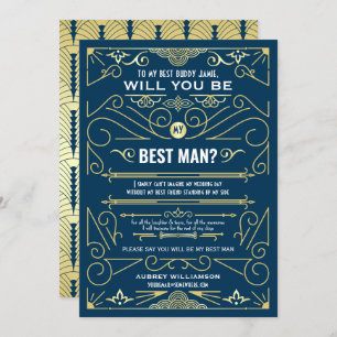 Art Deco Wedding Will You Be My Best Man Gold Blue Invitation