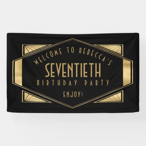 Art Deco Welcome 70th Birthday Party Gold Black  Banner