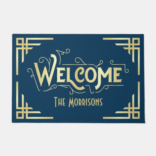 Art Deco Welcome Newlywed Gift Gold Blue Gatsby Doormat
