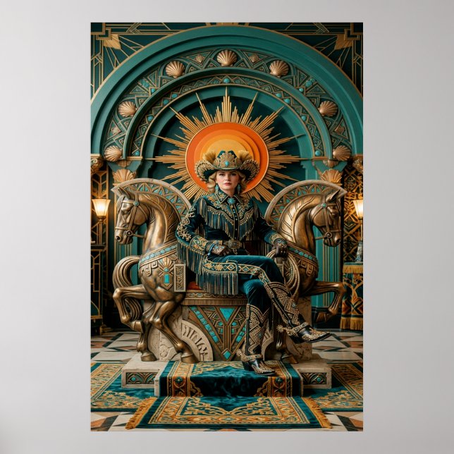 Art Deco Western Cowgirl Queen Throne Gold Poster (Front)
