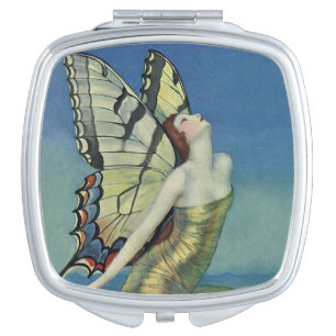 Art Deco Whimsical Butterfly Mirrored Compact Mirror For Makeup