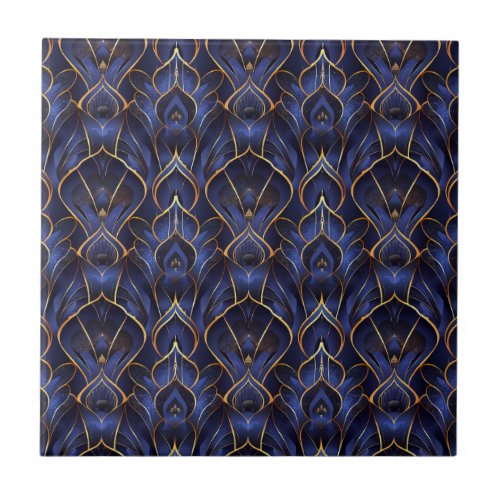 Art Deco Whimsical Vintage Blue Floral Pattern Ceramic Tile