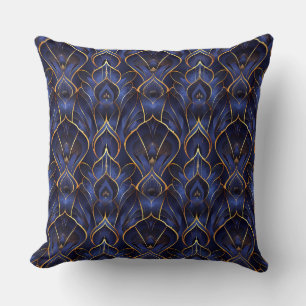 Art Deco Whimsical Vintage Blue Floral Pattern Throw Pillow