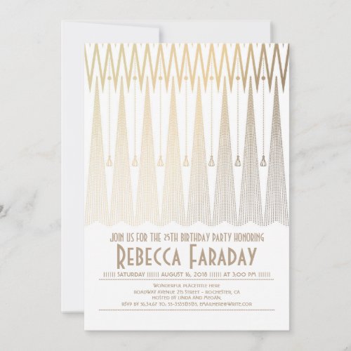 Art Deco White and Gold Gatsby Birthday Party Invitation - Art deco birthday party invitation