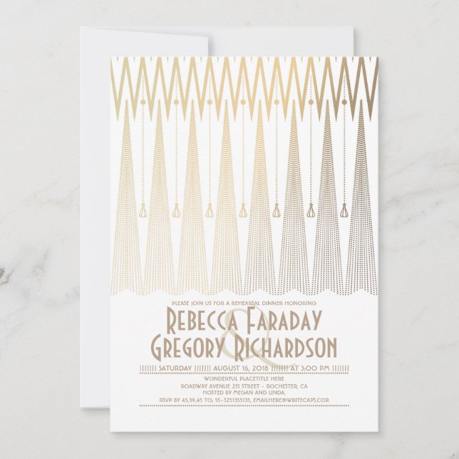 Art Deco White and Gold Gatsby Rehearsal Dinner Invitation (Front)