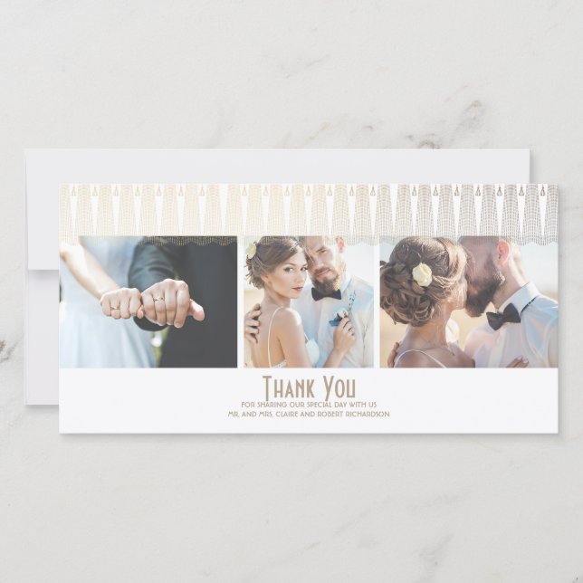 Art Deco White and Gold Photo Wedding Thank You Card (Front)