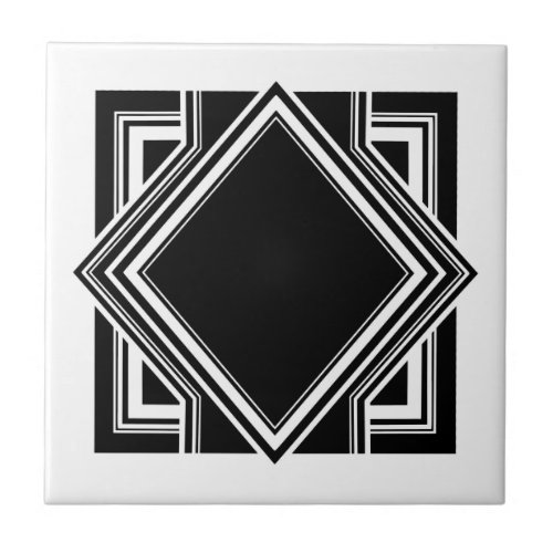 Art Deco White Black Geometric Square Element 05 Ceramic Tile