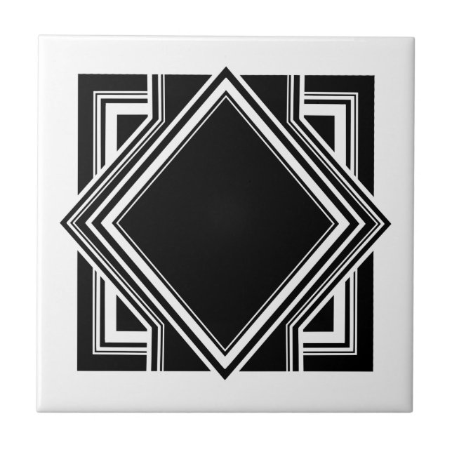 Art Deco White Black Geometric Square Element 05 Ceramic Tile (Front)