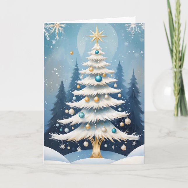 Art Deco White Christmas Tree Golden Metal Stem Holiday Card (Front)