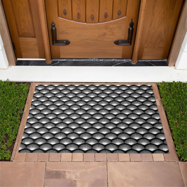 Art Deco White Fan Pattern Black Background Doormat (Outdoor)