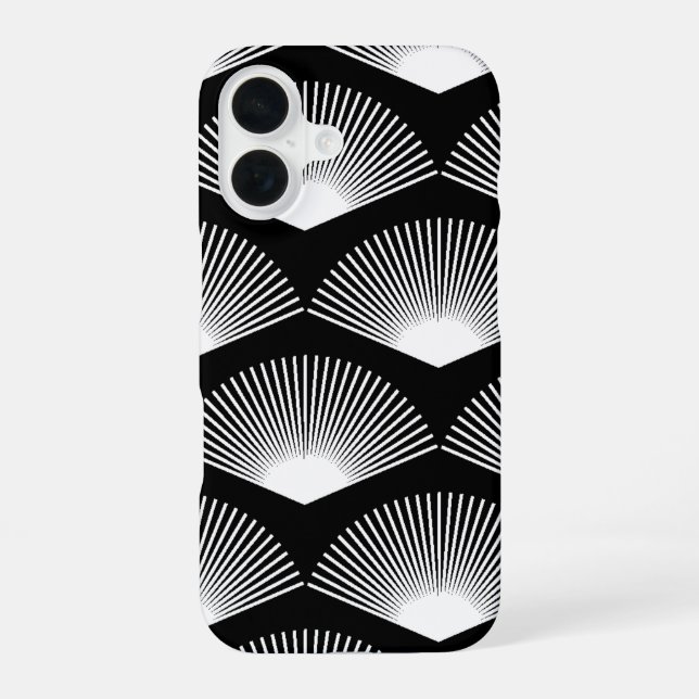 Art Deco White Fan Pattern Black Background Iphone Case (Back)