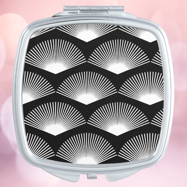 Art Deco White Fan Pattern Black Compact Mirror (A compact mirror with a black and white art deco fan pattern.)