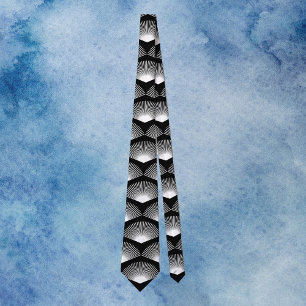Art Deco White Fan Pattern Black Neck Tie