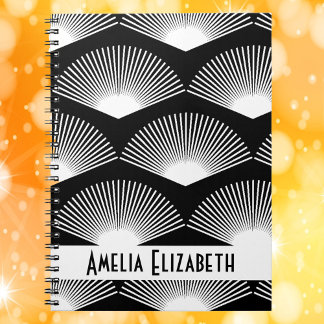 Art Deco White Fan Pattern Black Personalize Notebook