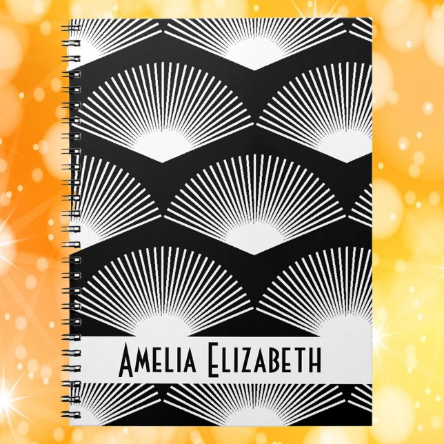 Art Deco White Fan Pattern Black Personalize Notebook (A note book with a white art deco fan pattern on a black background and text you can personalize.)