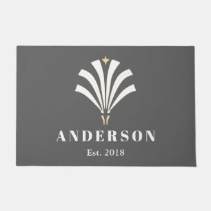 Art Deco White Fan Personalized Family Name Doormat