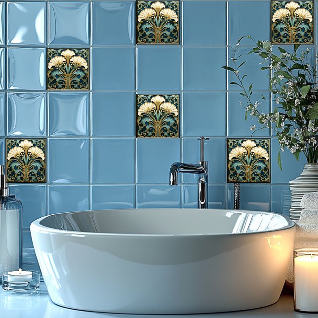 Art Deco White Flower Blue Turquoise Gold Ceramic Tile (Creator Uploaded)