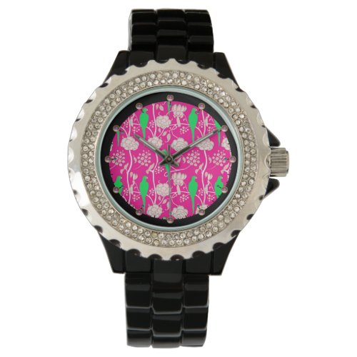 ART DECO WHITE FLOWERS AND GREEN PARROTS IN PINK WATCH