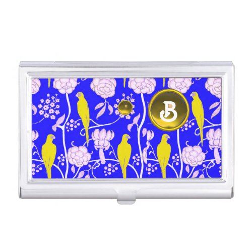 ART DECO WHITE FLOWERSYELLOW PARROTS IN BLUE BUSINESS CARD HOLDER