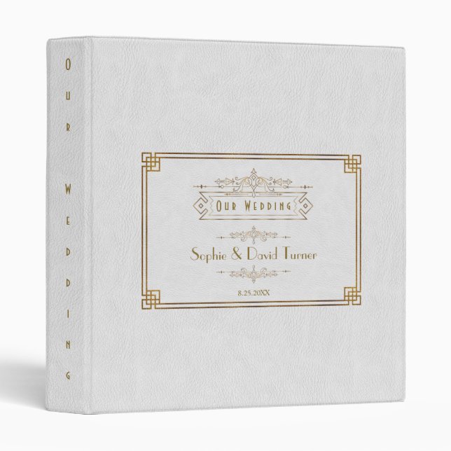 Art Deco White Gatsby 1920s Wedding Photo Album 3 Ring Binder (Front/Spine)