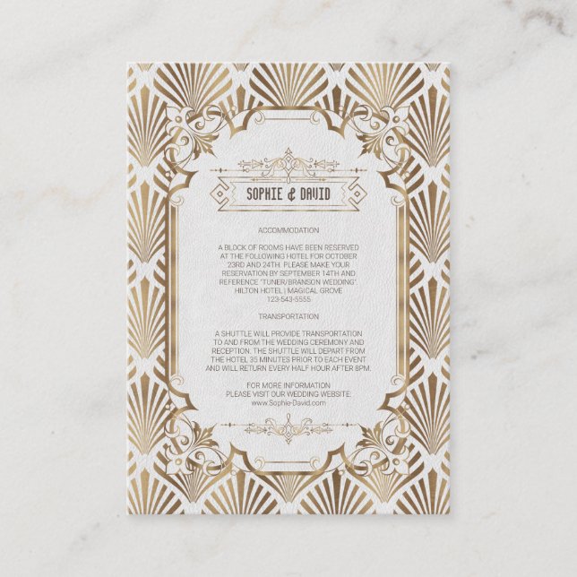 Art Deco White Gold Gatsby 20s Wedding Details Enclosure Card (Front)