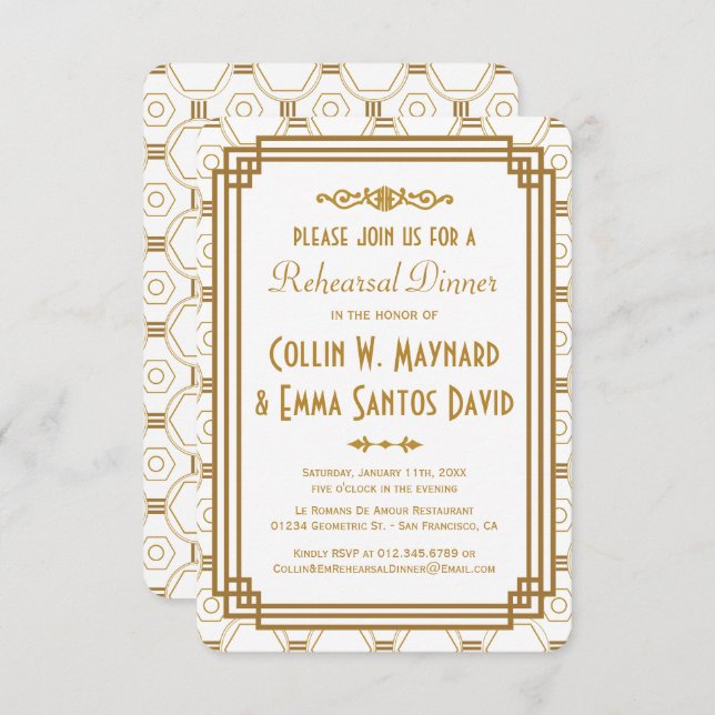 Art Deco White Rehearsal Dinner Invitations (Front/Back)
